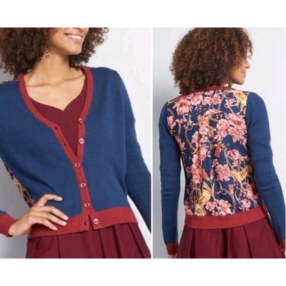 ModCloth Navy Blue / Burgundy Cardigan Floral Equestrian Horse Back medium - Picture 1 of 7